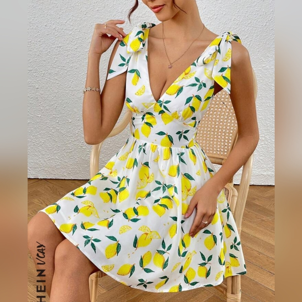 🍋Lemon Print SHEIN VCAY Tie Shoulder Dress - Picture 3 of 10